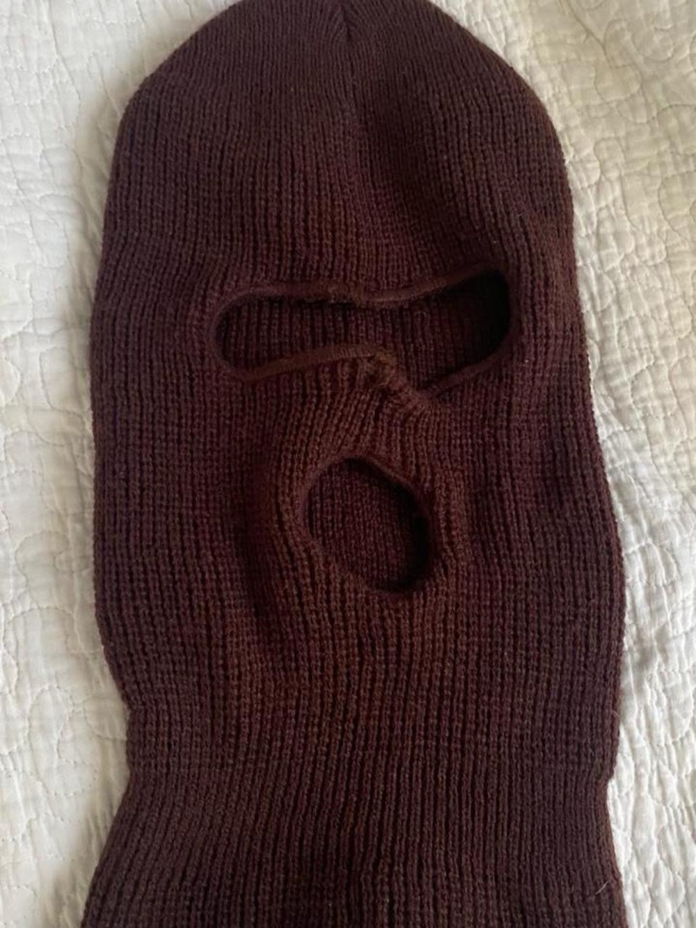 Brown knit balaclava with eye and mouth holes , burgundy 3-hole face ski mask